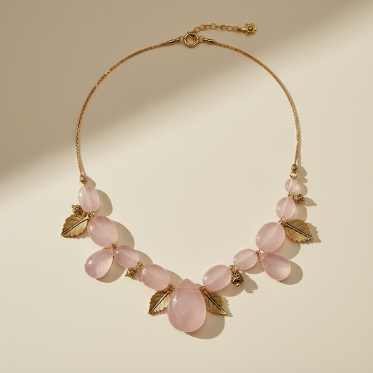 Elegancki naszyjnik z różowego kwarcu na beżowym tle