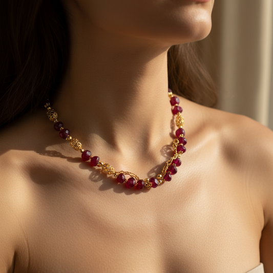 Naszyjnik z rubinu noszony na szyi - zdjęcie lifestyle