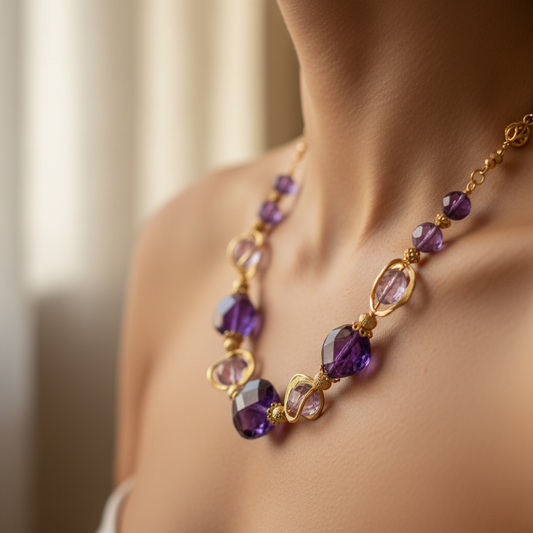 Naszyjnik z ametystu noszony na szyi - zdjęcie lifestyle