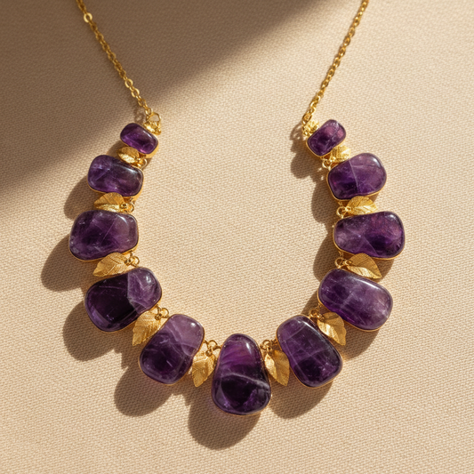 Elegancki naszyjnik z ametystu na beżowym tle