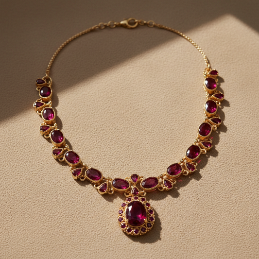 Elegancki naszyjnik z czerwonego rubinu na beżowym tle
